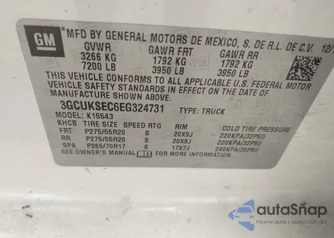 2014 Chevrolet Silverado 1500 2Lz z USA, uszkodzony, nr VIN 3GCUKSEC6EG324731